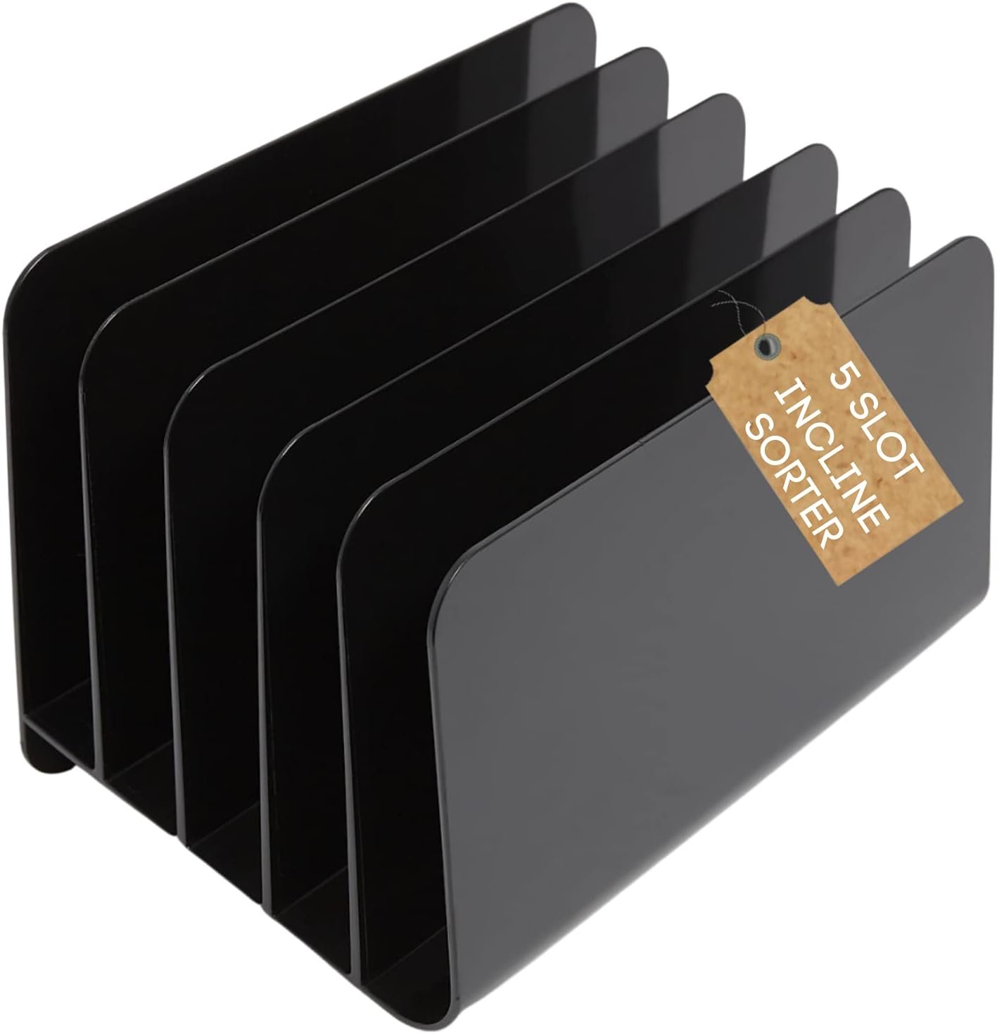 51OPjztK5NS._AC_SL1500_.jpg Inclined File Organizer Desktop, Desk Organizer File Sorter, Plastic Incline Desktop File Sorter, 5 Compartments, Black - Image 1