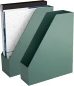 Magazine File Holder 2-Pack | Sturdy Plastic Vertical Organizer Box with Rubber Feet | Sage Green Desk Accessories for Modern Office