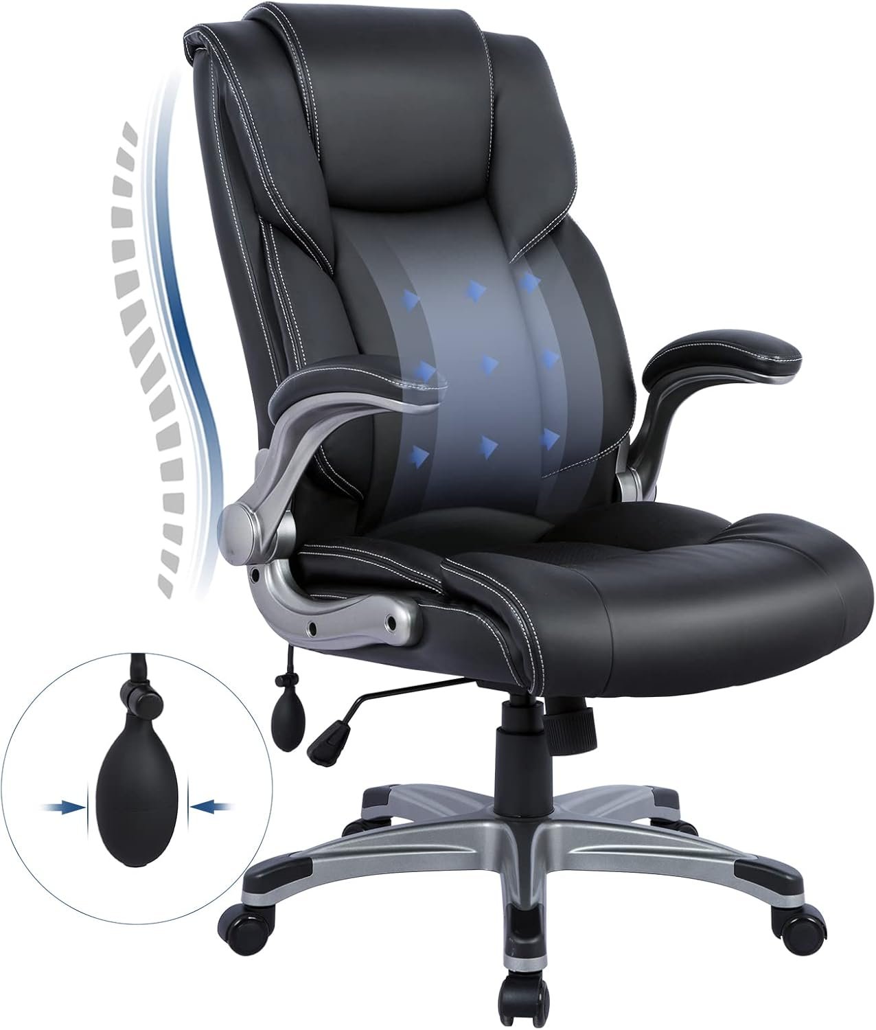 61eNXEri9OL._AC_SL1500_.jpg High Back Executive Office Chair- Ergonomic Home Computer Desk Leather Chair with Padded Flip-up Arms, Adjustable Tilt Lock, Swivel Rolling Chair for Adult Working Study-Black - Image 1
