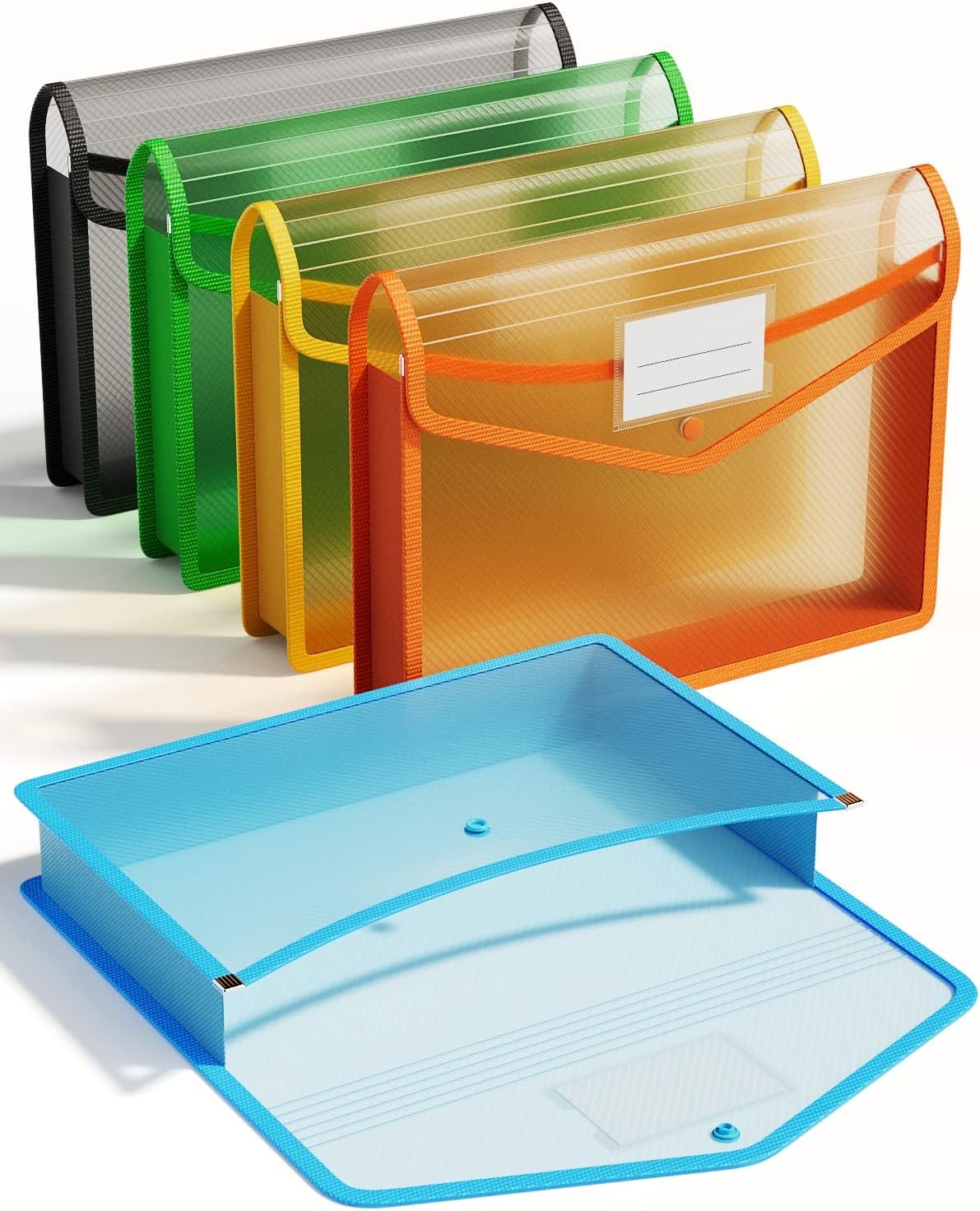 714p6in1AL._AC_SL1500_.jpg Plastic Expandable Document Bags, Transparent With Snap Closures, No Internal Dividers, Large Capacity, Assorted Colors, Fits Letter/A4 Sizes—Pack Of 5 - Image 1