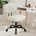 Armless Home Office Desk Chair -Small Ergonomic with Low Back Lumbar Support, Height Adjustable PU Leather Computer Task with 360° Swivel Rolling Wheels, for Small Space, Beige White