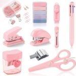 Pink Mini Office Supply Kit Mini School Supplies Desk Accessory Set Includes Mini Stapler Pencil Sharpener Staple Remover Hole Punch Ballpoint Pen Scissor Box Cutter Paper Clips Sticky Index Tabs