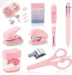 Pink Mini Office Supply Kit Mini School Supplies Desk Accessory Set Includes Mini Stapler Pencil Sharpener Staple Remover Hole Punch Ballpoint Pen Scissor Box Cutter Paper Clips Sticky Index Tabs