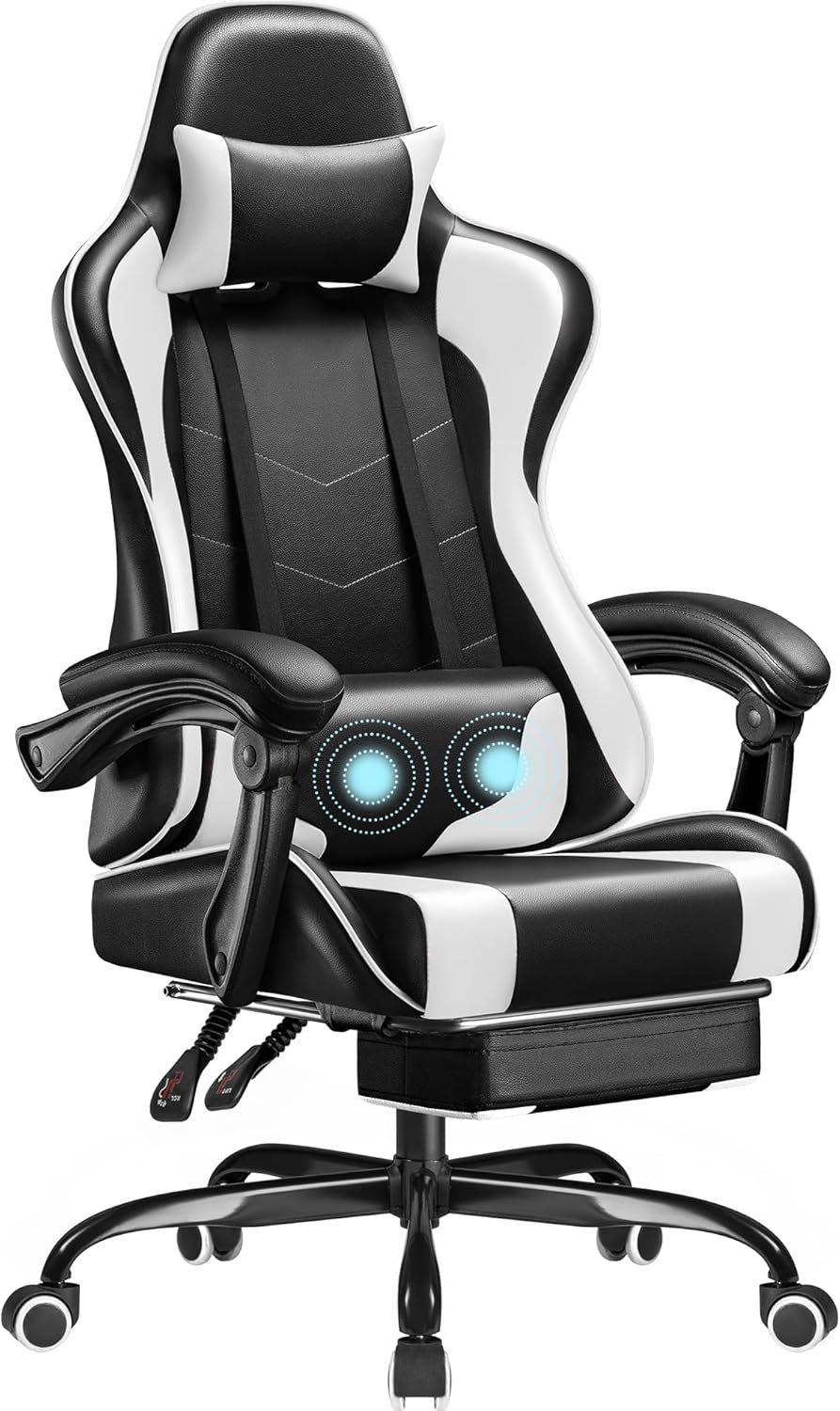71CDa1T5MOL._AC_SL1500_.jpg Gaming Chair, Video Game Chair with Footrest and Massage Lumbar Support, Ergonomic Computer Chair Height Adjustable with Swivel Seat and Headrest (White) - Image 1