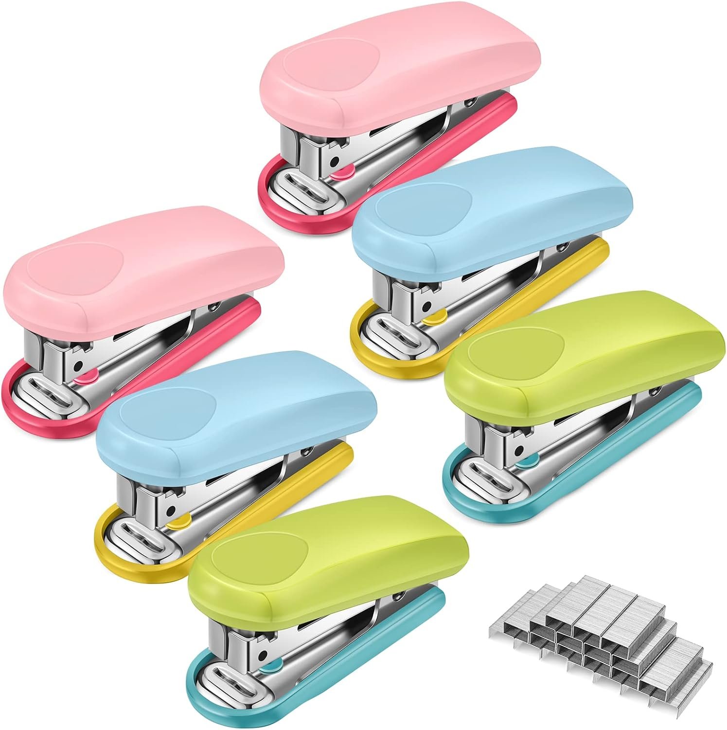 71XPhQbM-RL._AC_SL1500_.jpg 6 Pack Mini Stapler with 1000 Staples Pink Small Stapler Multipack 16 Sheets Capacity Standard Staples with Box Desktop Remover for Kids School Office Supplies, 3 Colors - Image 1