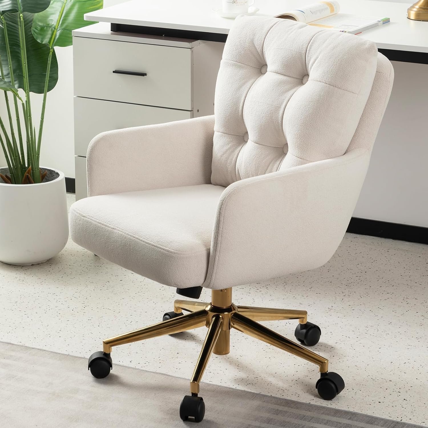 71gbGnyiiL._AC_SL1500_.jpg Velvet Office Chair, Comfy Home Office Desk Chairs with Lumbar Support, Modern Velvet Desk Chair Gold Legs Small Swivel Task Chair for Home Office, Bedroom, Study (Beige, L) - Image 1
