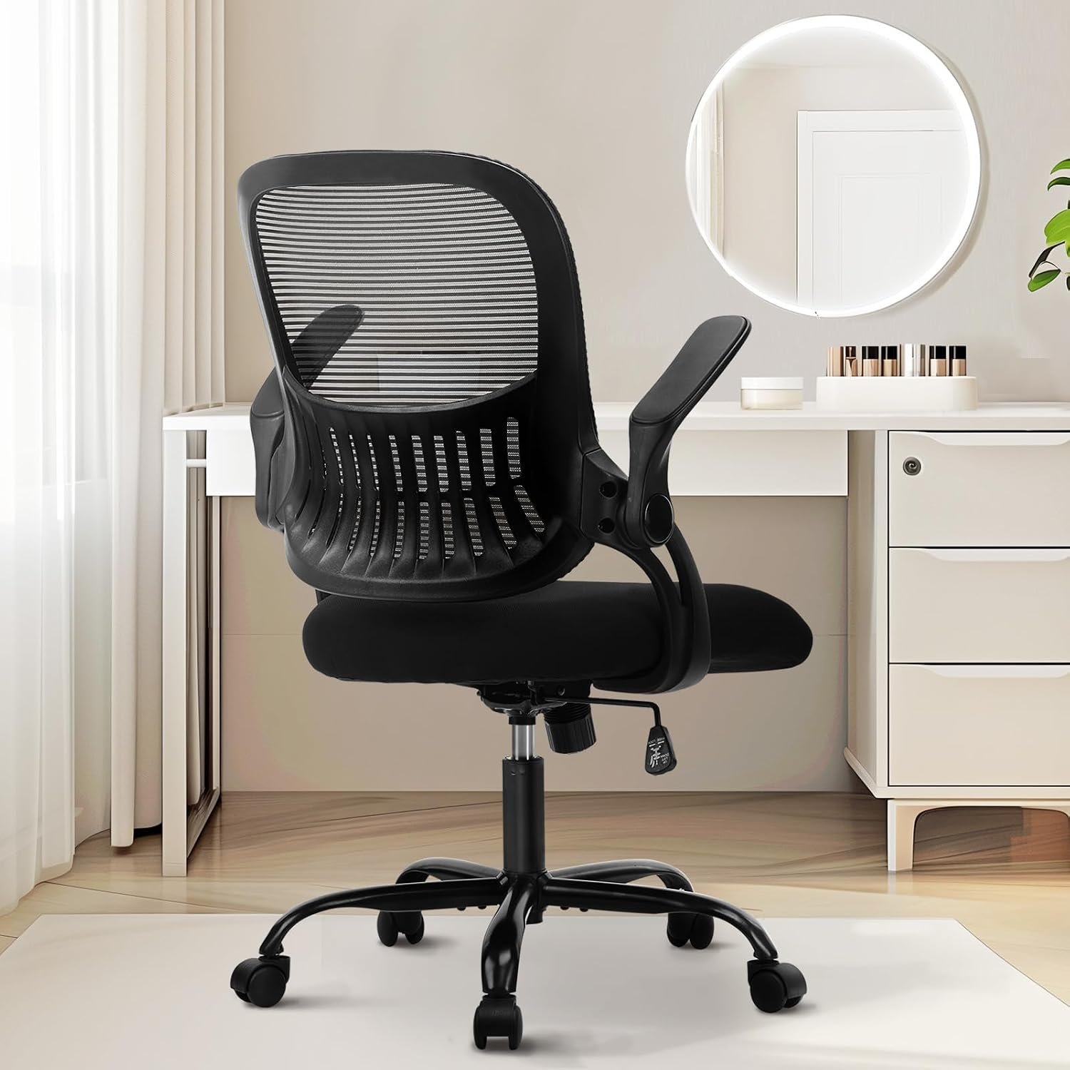 71jjdNeAioL._AC_SL1500_.jpg Office Computer Desk Chair, Ergonomic Mid-Back Mesh Rolling Work Swivel Task Chairs with Wheels, Comfortable Lumbar Support, Comfy Flip-up Arms for Home, Bedroom, Study, Student, Black - Image 1