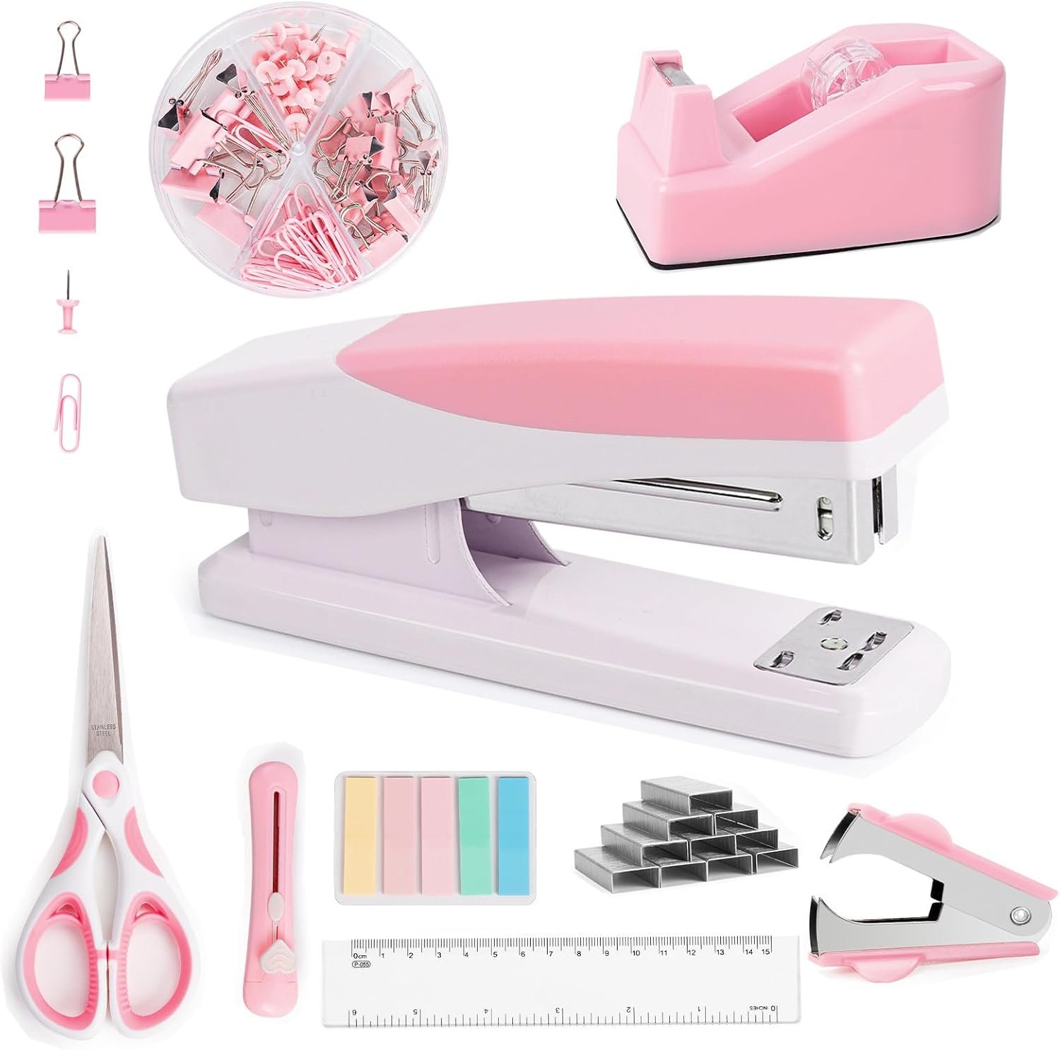 71p5YsenSHL._AC_SL1500_.jpg Pink Office Supplies Pink Accessories for Women Cute and Disnser Set- Remover Clips Scissor Knife Ruler Gift for Coworkers Stunts - Image 1
