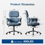Blue Desk Chair with Wheels and Wide Arms, Soft Granular Linen Fabric Office Chair, Mid Back Vintage Comfy Home Office Desk Chairs with Memory Foam Seat Cushion, Adjustable Height - Image 2