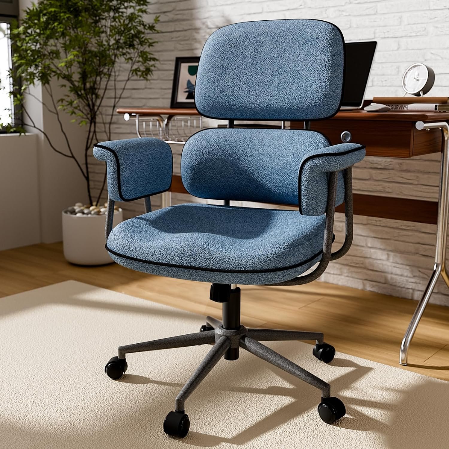 81CUkKUabZL._AC_SL1500_.jpg Blue Desk Chair with Wheels and Wide Arms, Soft Granular Linen Fabric Office Chair, Mid Back Vintage Comfy Home Office Desk Chairs with Memory Foam Seat Cushion, Adjustable Height - Image 1