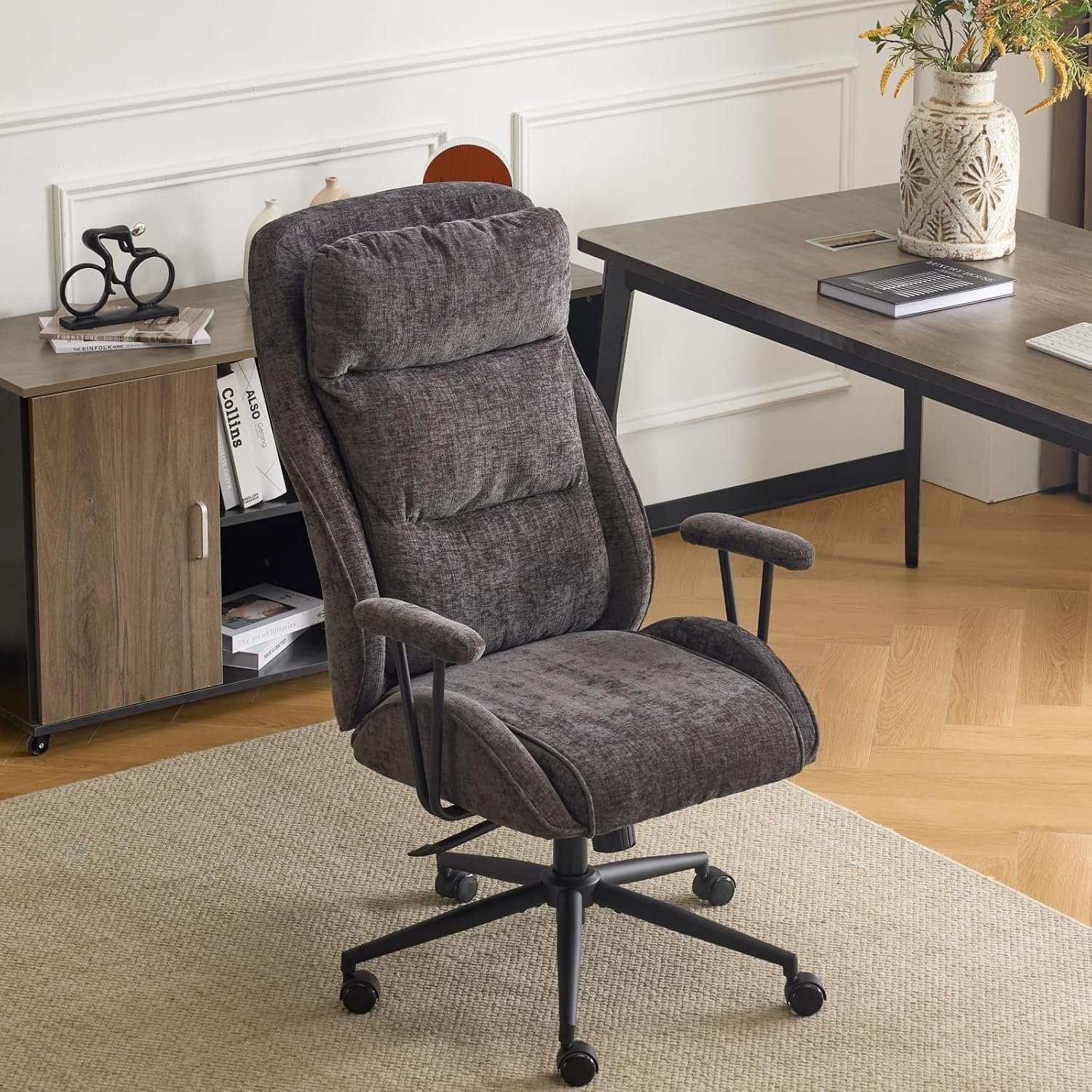 81l-iGkgKzL._AC_SL1500_.jpg Chenille Executive Ergonomic Fabric Office Chair with 100-130° Recline, High-Back Desk Chair with Adjustable Base & Padded Back & Wheels, Comfy Chair for Gaming, Computer, Home Office,Dark Gray - Image 1