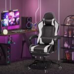 Gaming Chair, Video Game Chair with Footrest and Massage Lumbar Support, Ergonomic Computer Chair Height Adjustable with Swivel Seat and Headrest (White) - Image 2